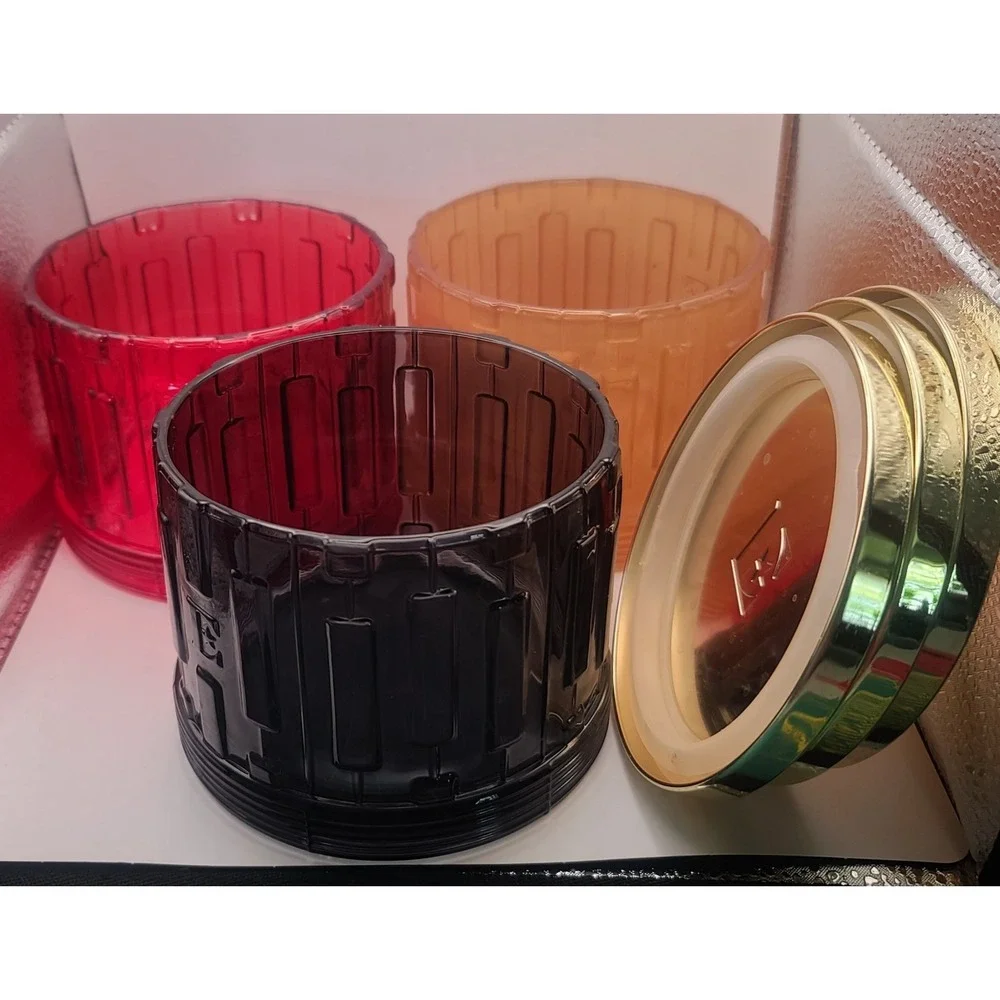 3 Elton John EMPTY Candle jars W/ Lids & E logo Piano Key Black Gold Red ReUse